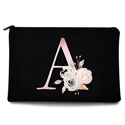 Image of 26 Letter Printed Zip Canvas Pouch Makeup Bag Make Up Bag, Cosmetic Travel Bag,Toiletry Bag,Organizer Bags,Toiletry Bags, Bride Bridesmaid Bag,Pencil Bag,Wash Bag,Coin Purse (Pink Flower A)