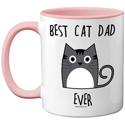Image of Stuff4 Best Cat Dad Ever Mug, Gifts for Lovers, Gifts, Cute Mugs Men, Funny Coffee 11oz Ceramic Dishwasher Safe Premium Pink Handle