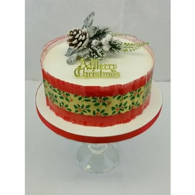 Image of Christmas Cake Pine Cone Spray Gold Motto with 1 Metre 83mm Red Holly Berry Foil Band Topper Decoration Complete Set