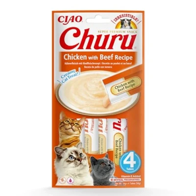Image of Ciao Churu Sticks by INABA Cat Treat Chicken &amp; Beef Flavour (4 x 14g) / Soft Creamy Treat, Delicious Healthy Snack, Squeezable Purée Food Topper, Pill Assist, Natural, Grain Free