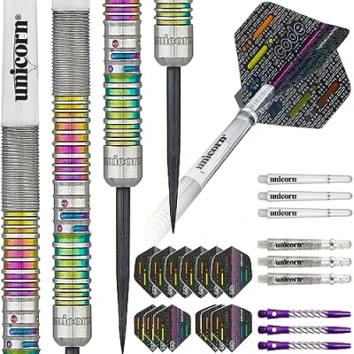 Image of Unicorn Steel Tip Darts Set James &#039;The Machine&#039; Wade Code 90% Natural Tungsten Barrels with Multicolour Titanium Accents 22 g