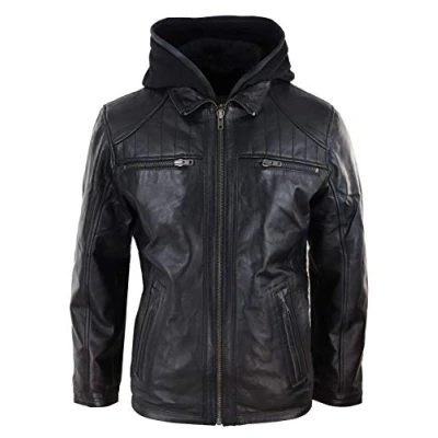 Image of Mens Black Hoodie Real Leather Jacket Casual Removable Hood Zip Napa 5XL
