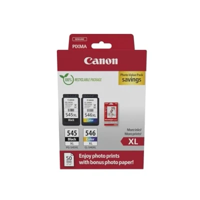 Image of Canon PG 545 XL CL 546 VALUE Pack of 2 cartridges (Black Colour XL) + 50 sheets 10x15cm Photo Paper Genuine (Recycled Cardboard Multipack)