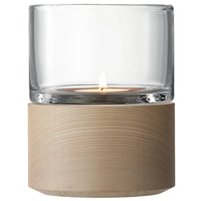 Image of LSA Lotta Lantern Clear &amp; Ash Base H13cm/Ø10cm 1 Unit Mouthblown Handmade Glass Hand Planed Wood LW23