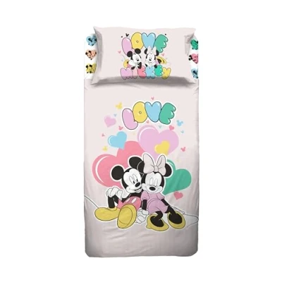 Image of Disney Mickey and Minnie Mouse Single Bed Sheet Set Top Fitted Pillowcase Pink 100% Cotton Official Product