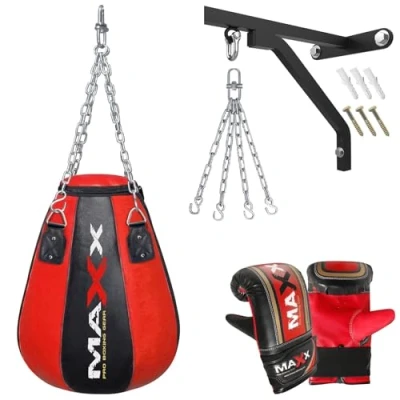 Image of MAXX BLACK RED MAIZE bag Heavy Kick Punching Bags Chain Boxing Punch MMA Gloves (BAG WITH BRACKER &amp; MITTS)