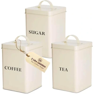 Image of andrew james Tea Coffee Sugar Canisters Vintage Style Kitchen Storage Set Rust Resistant Powder Coated Iron Caddies Store Beans Granules Teabags Part of The Range (Cream)