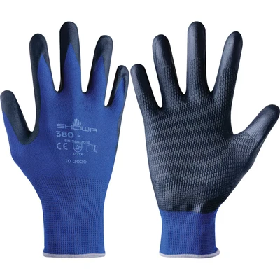 Image of Showa 380 L 13 Gauge Nylon Backing Fabric Nitrile Multipurpose Gloves with Microporous Coating on Palm, L, Blue/Black