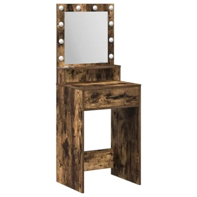 Image of vidaXL smoked oak solid wood vanity unit with mirror free standing bedroom makeup dresser drawers, hollywood lights 50 x 41 135 cm
