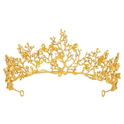 Image of Vofler Tiara, Gold Crown Baroque Vintage Dragonfly Flower Branch Coral Crystal Rhinestone Headpiece for Women Queen Ladies Girl Bridal Bride Princess Birthday Wedding Pageant Halloween Costume Party