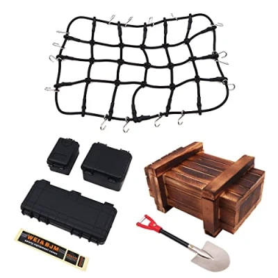 Image of WANGCL 6PCS Remote Control Car Roof Rack Accessories with Cargo Net Mini Black Toolbox Wooden Box Shovel for 1/10 RC Crawler Monster Trucks Compatible TRX4 SCX10/D90