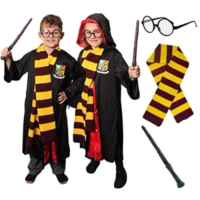Image of Childs Wizard Costume Medium Black Robe with Magical School Logo, Maroon &amp; Gold Scarf, Round Glasses and Branch Wand Kids World Book Day Week Fancy Dress