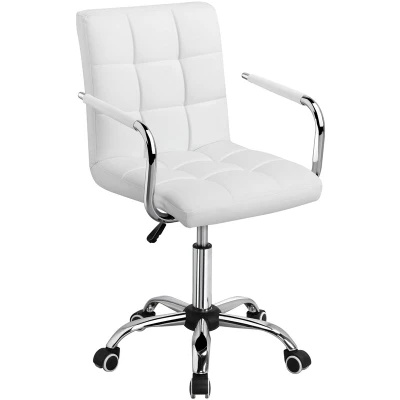 Image of Yaheetech Adjustable Faux Leather Home Office Computer Desk Chairs Swivel Stool Chair on Wheels, White
