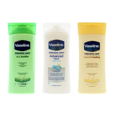 Image of Vaseline Intensive Care Dry Skin Body Lotion Bundle Of 3 x 200ml Bottles Aloe Soothe Advanced Repair Essential Healing
