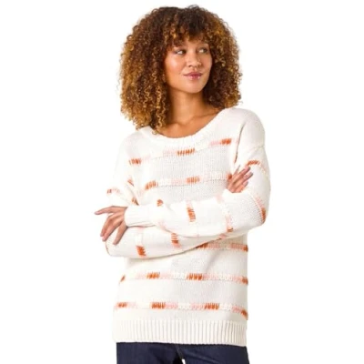 Image of Roman Tonal Stripe Knit Jumper for Women UK Ladies Autumn Everyday Winter Holiday Round Neckline Comfy Long Sleeve Soft Warm Feel Top Office Desk Sweaters Ivory Size 14