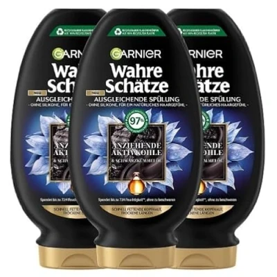 Image of Garnier True Treasures Balancing Conditioner Formula with Activated Carbon and Black Cumin Oil for Fast Greasy Scalp Dry Hair Lengths 3 x 200 ml