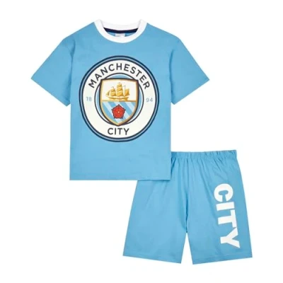 Image of MANCHESTER City F.C. Boys Pyjamas, Man T Shirt and Shorts PJs Set, Gifts for 5 6 Years Blue