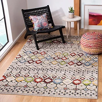 Image of Safavieh Boho Chic Rug for Living Room, Dining Bedroom Amsterdam Collection, Short Pile, in Light Grey and Multi, 155 X 229 cm