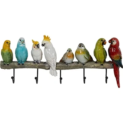 Image of Kare Design Coat Rack Exotic Birds, Multicoloured, Leaf Shaped with 5 Hooks, Wall Mounted, Hook Rail for Hallway, Entrance, Childrens Room, Steel, 24x54x6,5cm (H/W/D)