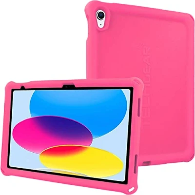 Image of TECHGEAR Bumper Designed for Apple iPad 10 2022, 10th Generation, 10.9&quot; Rugged Shockproof Soft Silicone Protective Easy Grip Anti Slip Kids Proof Case with Screen Film [PINK]