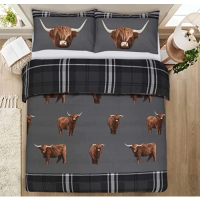Image of CnA Stores Tartan Check Highland Cow Single Duvet Cover Set Reversible Grey Bedding