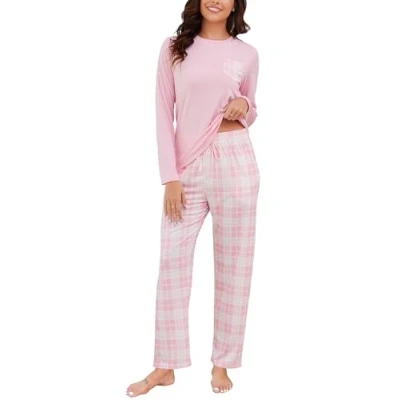 Image of Reliwel Women&#039;s Pyjamas Sets Ladies Comfy Checked Printing Long Sleeve Top and Plaid Pyjama Bottoms two Pieces Pj Soft Nightwear Sleepwear Loungewear Casual S XXL Wine Red