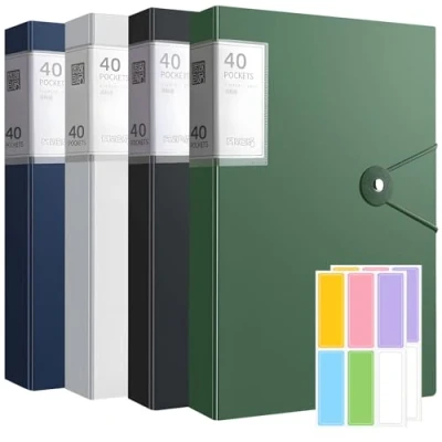 Image of 4 Pcs A4 Display Folders, 160 Pockets Book Folder with Plastic Sleeves and Safety Rope Presentation Folders Project Document for School &amp; Offices (4 Colors 40 Pockets)