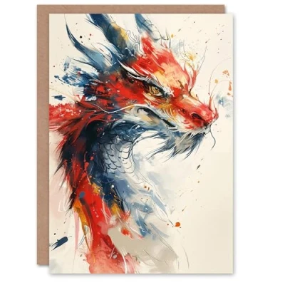 Image of Artery8 Birthday Card Chinese Dragon Red Blue Fantasy Concept Art For Him Man Male Dad Brother Son Papa Grandad Greeting