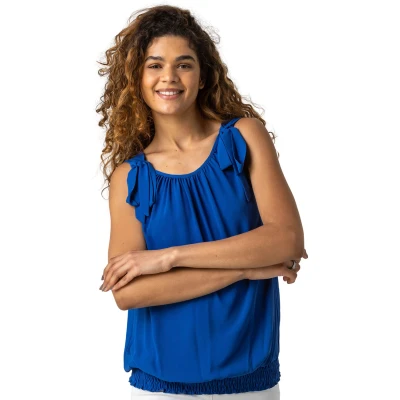 Image of Roman Originals Women Bow Detail Shirred Hem Top Ladies Spring Everyday Summer Evening Vacation Work Holiday Sleeveless Smart Casual Royal Blue Size 8
