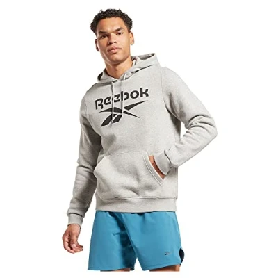 Image of Reebok Men&#039;s Identity Fleece Stacked Logo Pullover Long Sleeve Graphic Sweatshirt, Medium Grey Heather, S