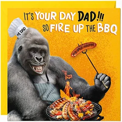 Image of Funny Fathers Day Card from Daughter or Son Birthday for Dad with a Humorous Gorilla BBQ Happy Father&#039;s Tradicional