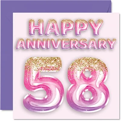 Image of Pretty 58th Anniversary Card for Wife Girlfriend Husband Boyfriend Pink Purple Glitter Balloons Happy 58 Cards from Family, 145mm x Greeting Fifty Eighth Anniversaries