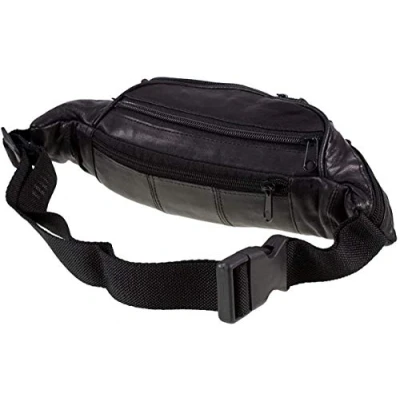 Image of Lorenz Genuine Traditional All Soft Leather Bum Bag with 6 Zips, Black