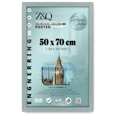 Image of Z&amp;Q Wall Mounted Poster Picture Frame Silver 50 x 70 cm Display Painting Photo Print With HD Clear Perspex Both Ways Hanging Hooks MDF Wood 30x15mm Moulding