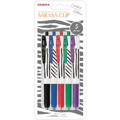 Image of Zebra Pen SARASA CLIP Stripes Gel Pens 5pk Retractable Coloured With 0.7mm Nib, Smudge Proof, Rapid Dry Ink Comfort Grip &amp; Push Clip, Water Resistant, Assorted Colour Multipack