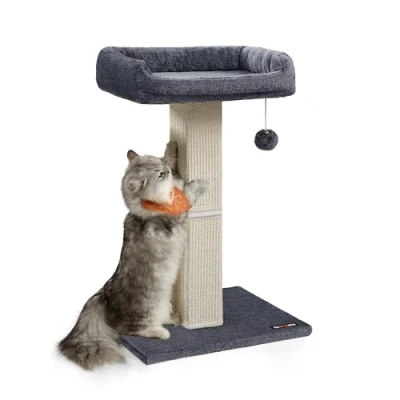 Image of Feandrea Cat Scratching Post, Scratcher with 40 x 30 cm Plush Perch, Tree, 71 Tall Scratch Post Woven Sisal, 45 Base, Pompom, Dark Grey