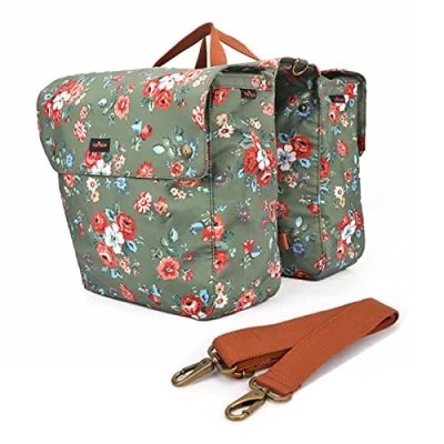 Image of Tourbn TOURBON Waterproof Canvas Bicycle Bike Rear Seat Carrier Luggage Storage Bag Cycling Double Roll up Pannier Pack (Flower Pattern), Green, 33x12.5x30cm (T TB748CA FL)