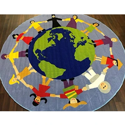 Image of OrientalRugCompany Non Slip Kids Multicultural world Mat/Rug 200cmx200cm Cirlce playmat Hours of Fun Ideal for Nursery, Home, Bedrooms Or School Environment …