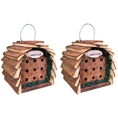 Image of Selections Wooden Hanging Ladybird House with Bark Roof (Pack of 2)