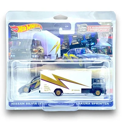 Image of Hot Wheels Team Transport #52 Nissan Silvia (S13) &amp; Sakura Sprinter (Black, White Gold) 2023 COMES IN A KLAS CAR KEEPER PROTECTIVE COLLECTORS CASE HKF41