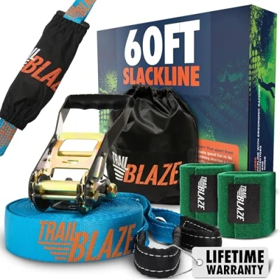 Image of Trailblaze Complete Slackline Kit for Kids with Tree Protectors Ratchet Cover Premium Beginner Perfect Adults, outdoor Tightrope Kids, Easy Setup 18.5m blue