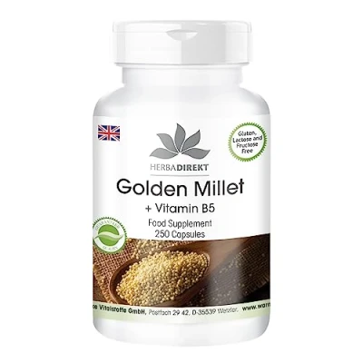 Image of Golden Millet + Vitamin B5 high dose Vegan 250 Capsules Warnke Vitalstoffe German Pharmacy Quality