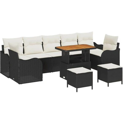 Image of vidaXL 10 Piece Garden Sofa Set with Cushions Black Poly Rattan Acacia