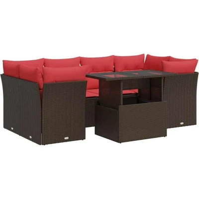 Image of vidaXL 7 Piece Garden Sofa Set with Cushions Brown Poly Rattan Acacia