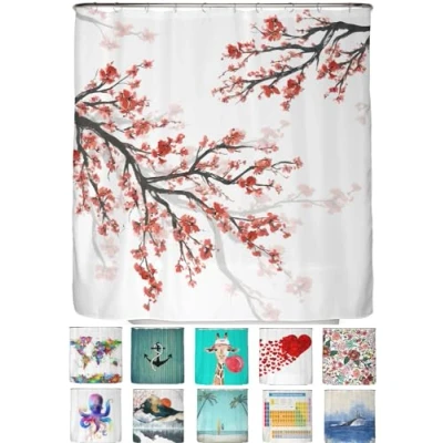 Image of arteneur® Cherry Blossom Anti Mould Shower Curtain 180 x cm Recycled with Oeko Tex Standard 100 Weighted Hem, Opaque, Waterproof, Washable, 12 Rings