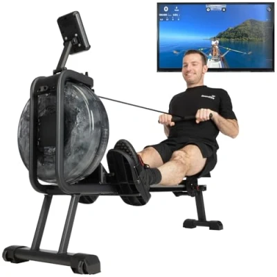 Image of Skandika Mora Water Rowing Machine, Machine for Home, with Resistance, Kinomap App Compatible, Bluetooth, Computer, Tablet Holder, Space Saving Setup,
