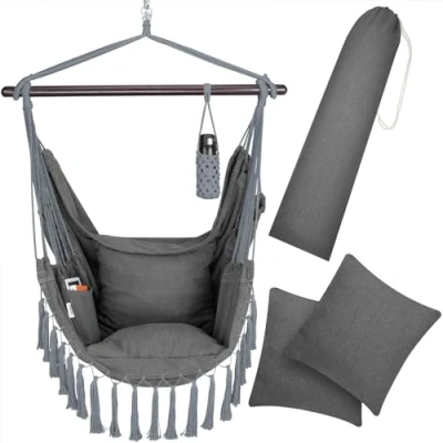 Image of Detex® Boho Style Hanging Hammock Chair 150kg Capacity with Drink Holder 2 Cushions XL Indoor Outdoor Garden Patio Lounge Bedroom Swing Seat Cotton Hardwood Anthracite Grey