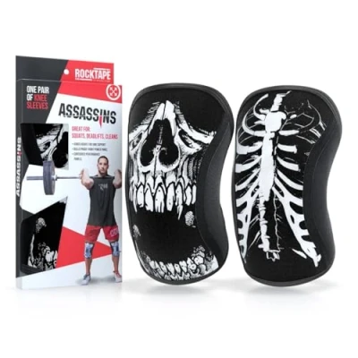 Image of Rocktape Knee Sleeves, 2 Pack, Competition Grade, 7mm Thickness, Compression Neoprene, Extra Long for VMO Support, Assassins, Skull, S