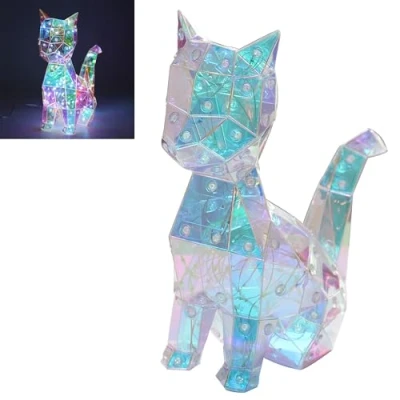 Image of Night Light Kitty Cat LED Colour Changing Starlightz Holographic Crystal Lamp