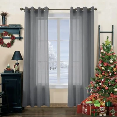Image of CUCRAF Grey Voile Curtains Faux Linen Look Semi Transparent Net with Eyelet, Sheer Curtain for Bedroom, Living Room 55x90Inch Drop, 2 Panels,Grey